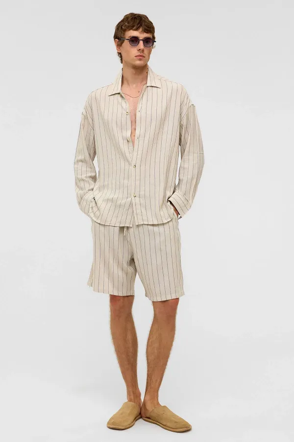 Oversize Long-Sleeved Striped Linen Shirt Indigo