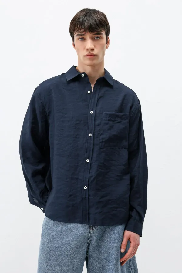 Modal Fabric Oversize Shirt with Pockets, Navy Blue