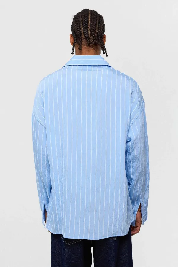 Oversize Çizgili Uzun Kol Gömlek Mavi