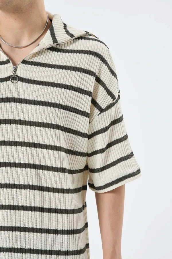 Oversize Çizgili Fermuarlı Yaka Triko Tişört Haki