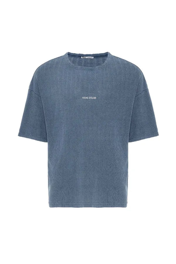 Yıkamalı Arka Baskılı Oversize Tişört İndigo