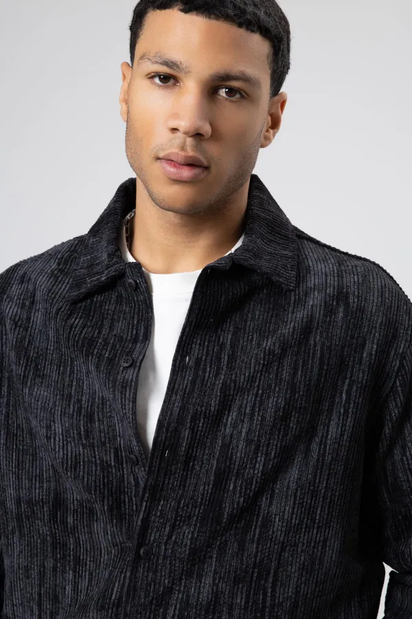 Oversize Dokulu Gömlek Siyah