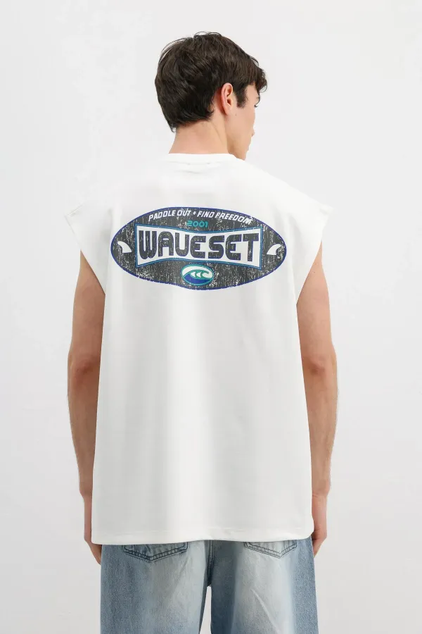 Oversize Baskılı Kolsuz Tişört Beyaz