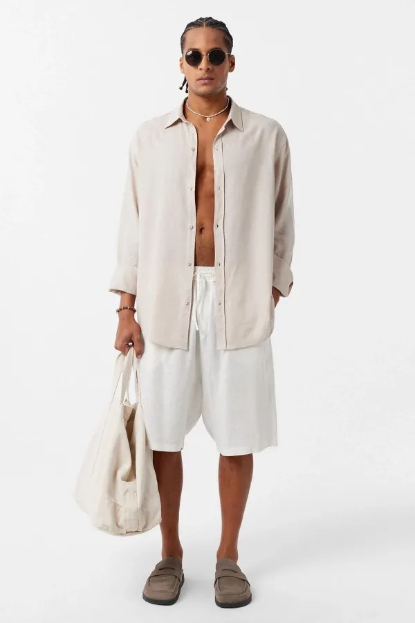 Basic Oversize Uzun Kollu Keten Gömlek Bej