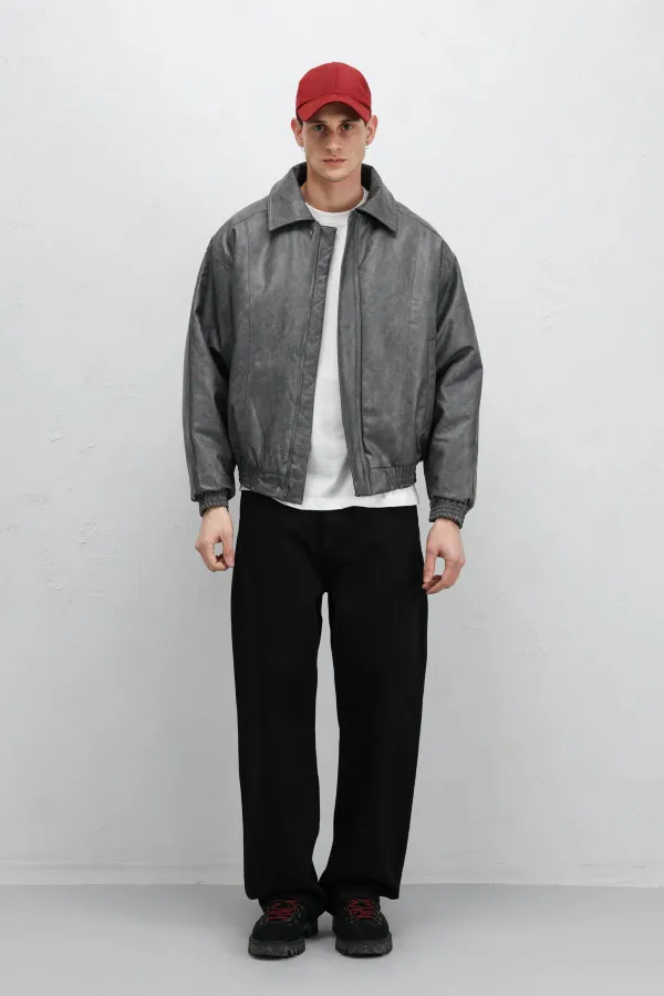 Oversize Deri Bomber Ceket Gri