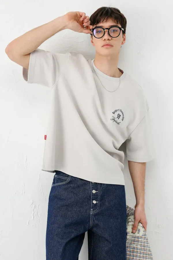 Kısa Kollu Boxy Fit Baskılı Tişört Ice Grı