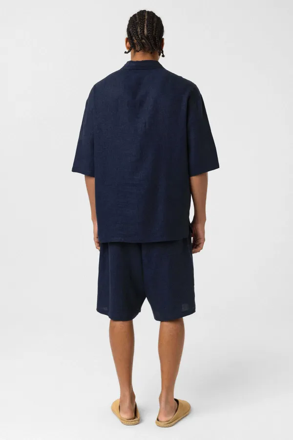 Double Pocket Oversize Linen Shirt Navy Blue