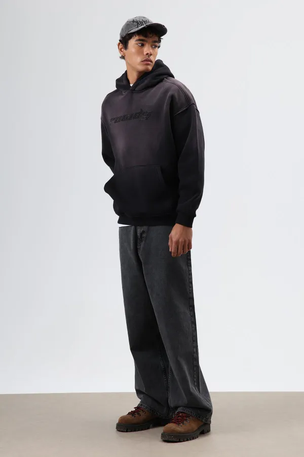 Sweat à capuche noir oversize imprimé et délavé