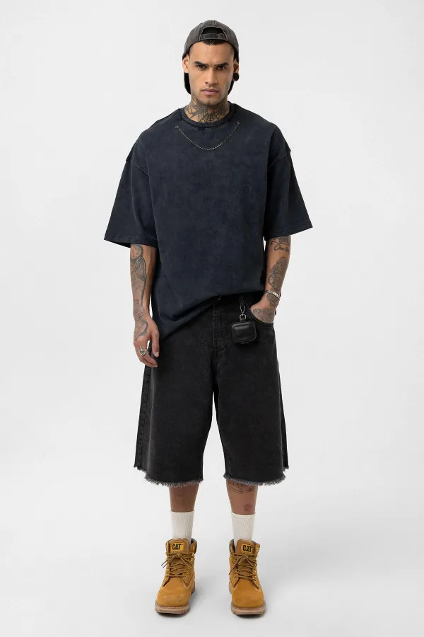 Washed Oversize T-Shirt with Chain Detail, Black