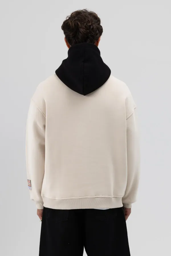 Çift Renk Baskılı Oversize Sweatshirt Taş