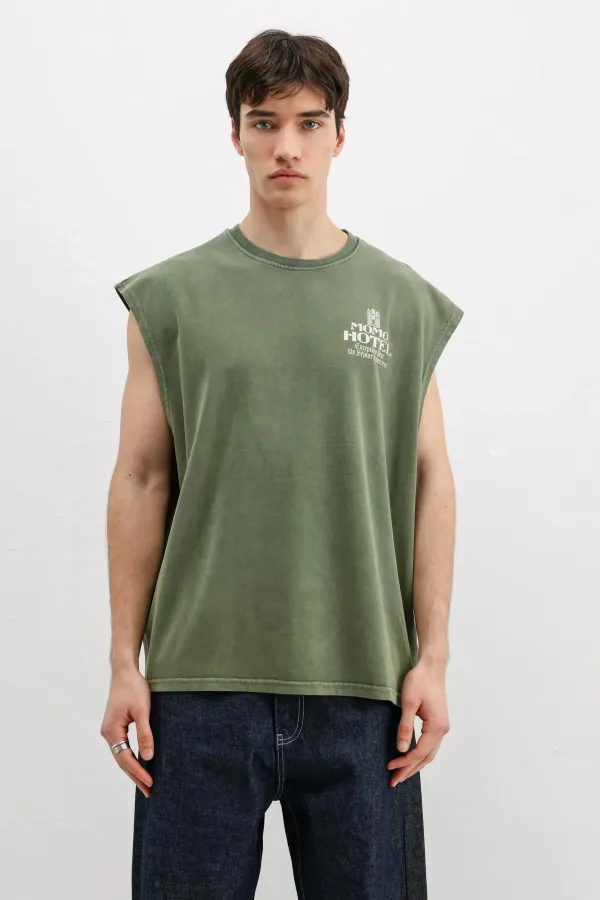 Baskılı Kolsuz Oversize Tişört Haki