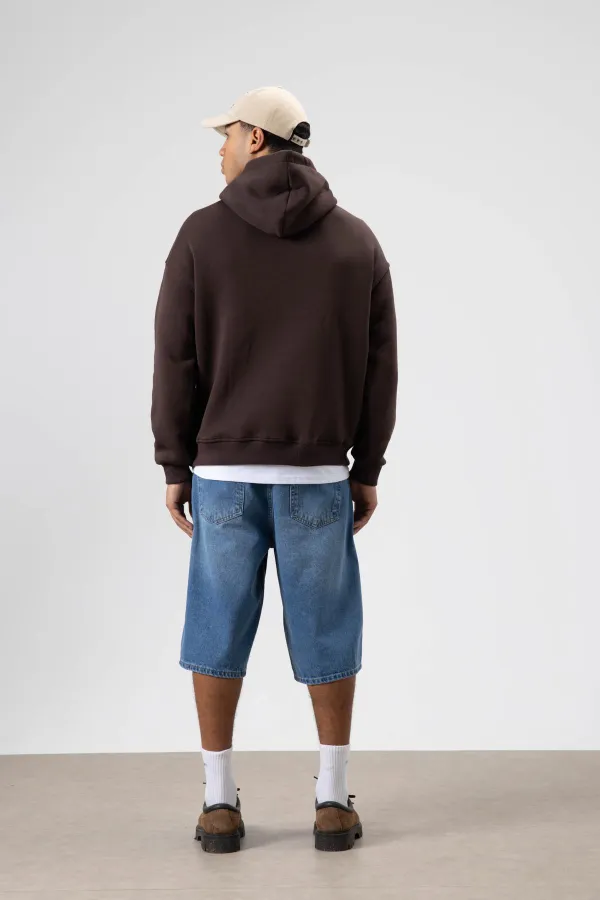 Oversize Baskılı Kapüşonlu Sweatshirt Kahve