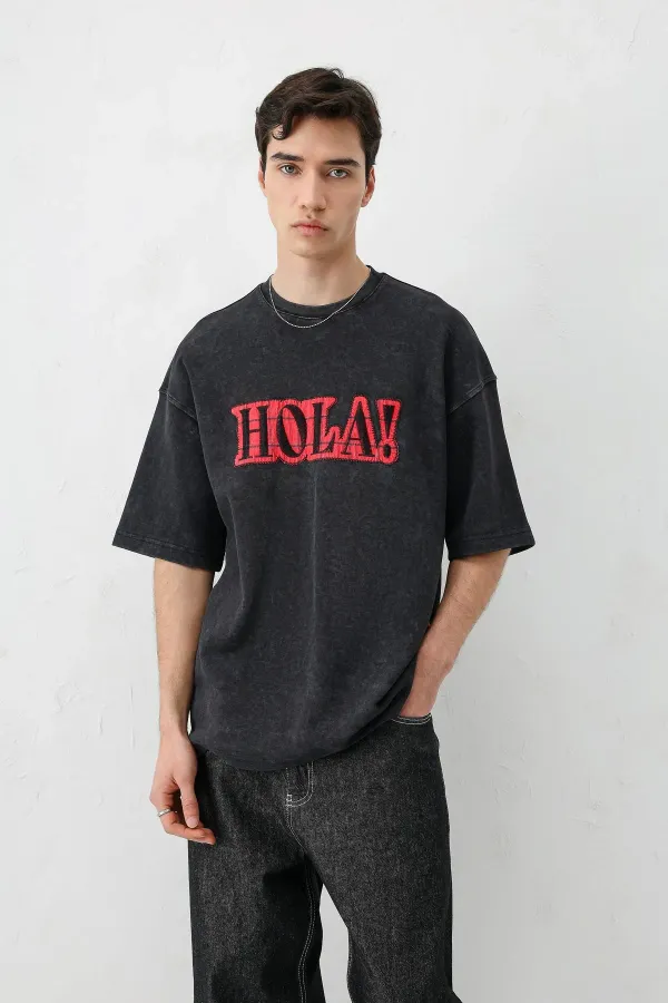 Yıkamalı Baskılı Oversize Tişört Siyah