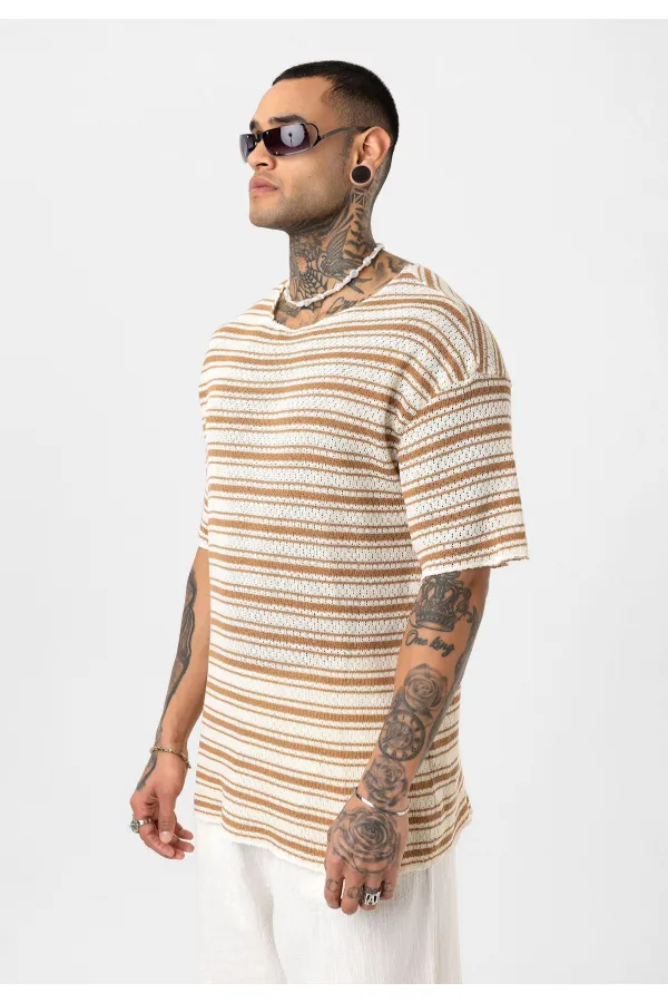 Çizgili Oversize Triko Tişört Camel