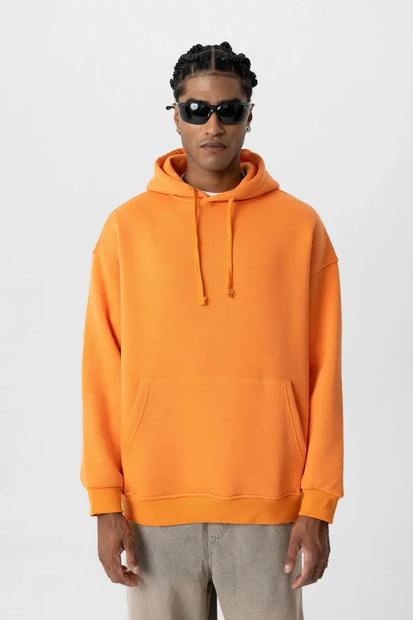 Basıc Oversize Kapüşonlu Cep Detaylı Sweatshirt Oranj