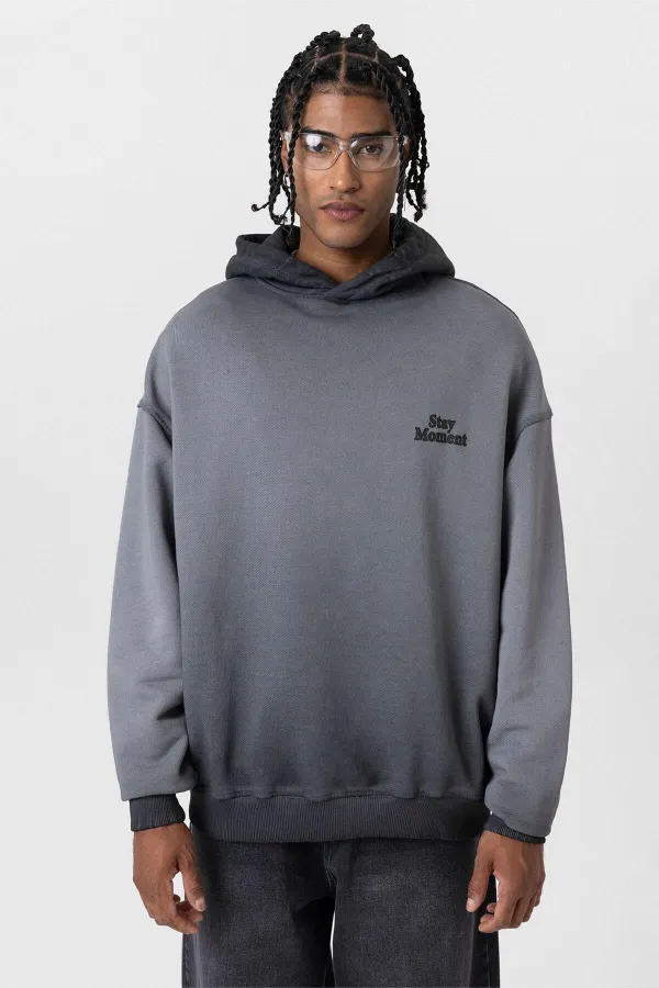 Premium Washed Oversize Hooded Sweatshirt with Text Detail, Black