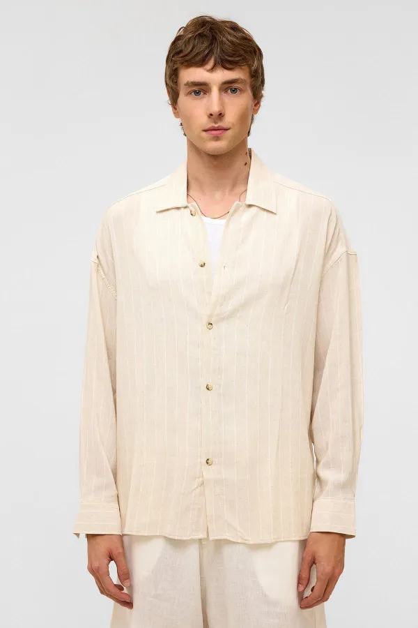 Oversize Long-Sleeved Striped Linen Shirt White