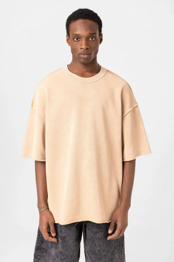 Yıkamalı Oversize Tişört Bej