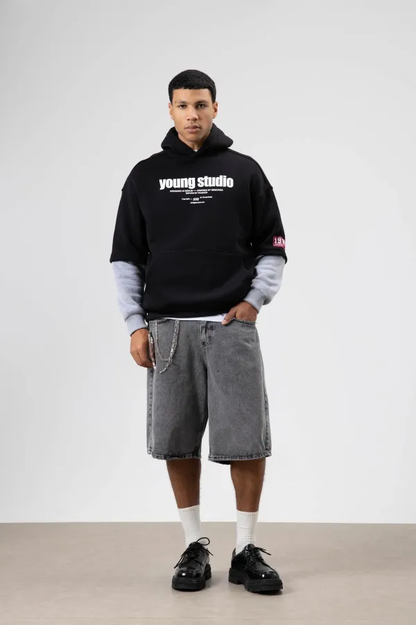 Sweat à capuche imprimé oversize noir