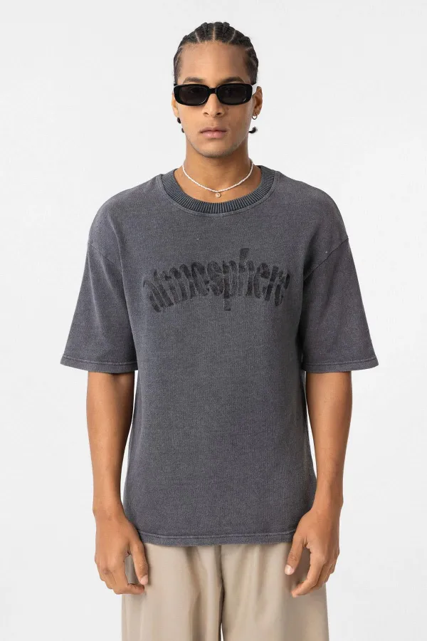 Yıkamalı Oversize Baskılı Tişört Siyah