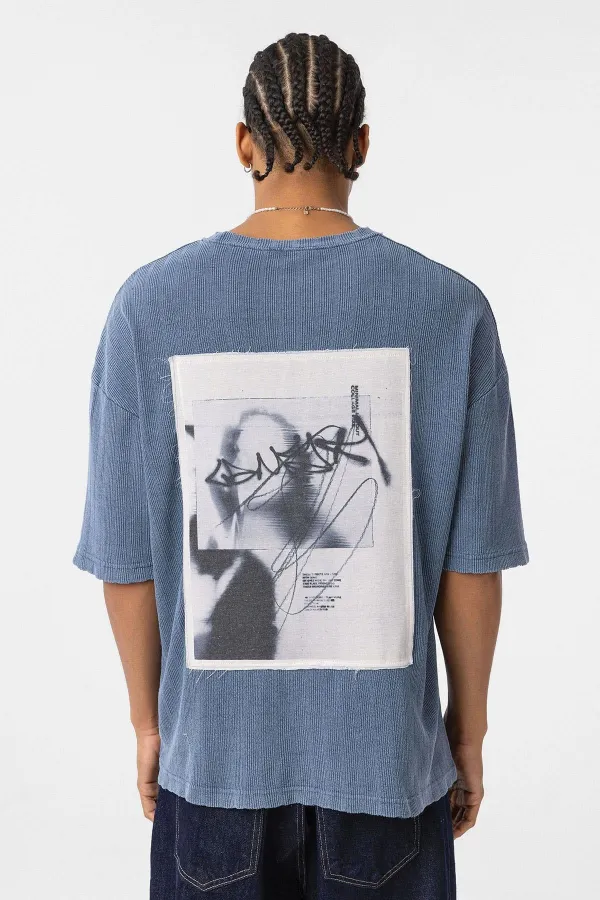 Yıkamalı Arka Baskılı Oversize Tişört İndigo