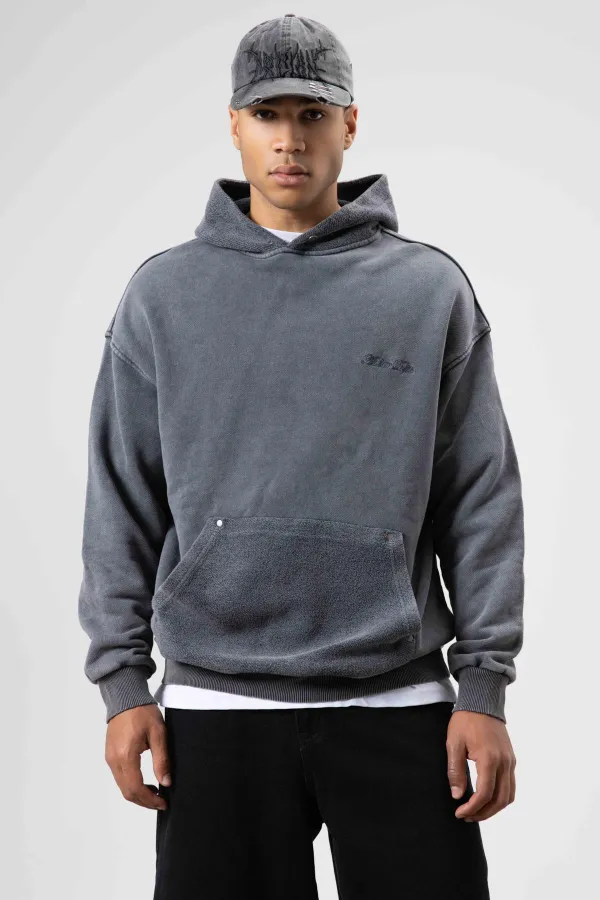 Oversize Washed Print Hooded Sweatshirt Black