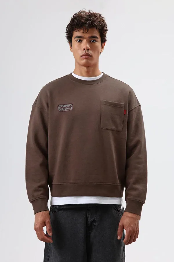 Oversize Bisiklet Yaka Cepli Sweatshirt Kahve