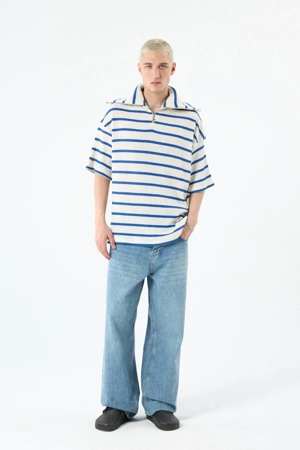 Oversize Çizgili Fermuarlı Yaka Triko Tişört Saks