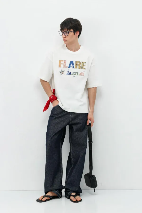 Baskılı Oversize Tişört Ekru