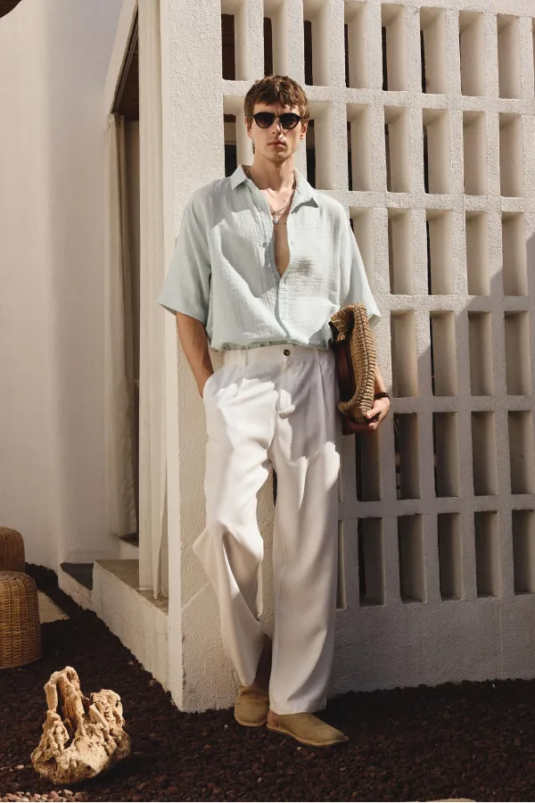 Chemise oversize à manches courtes en mousseline, bleue