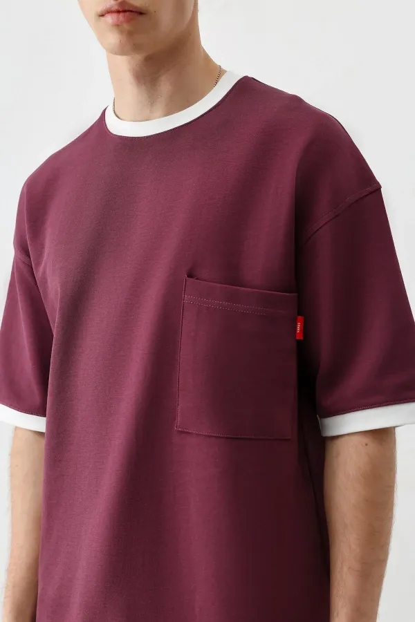 Kısa Kollu Oversize Cepli Tişört VİŞNE