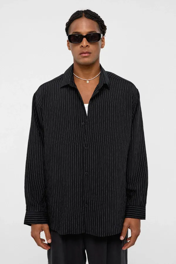 Oversize Çizgili Uzun Kollu Gömlek Siyah