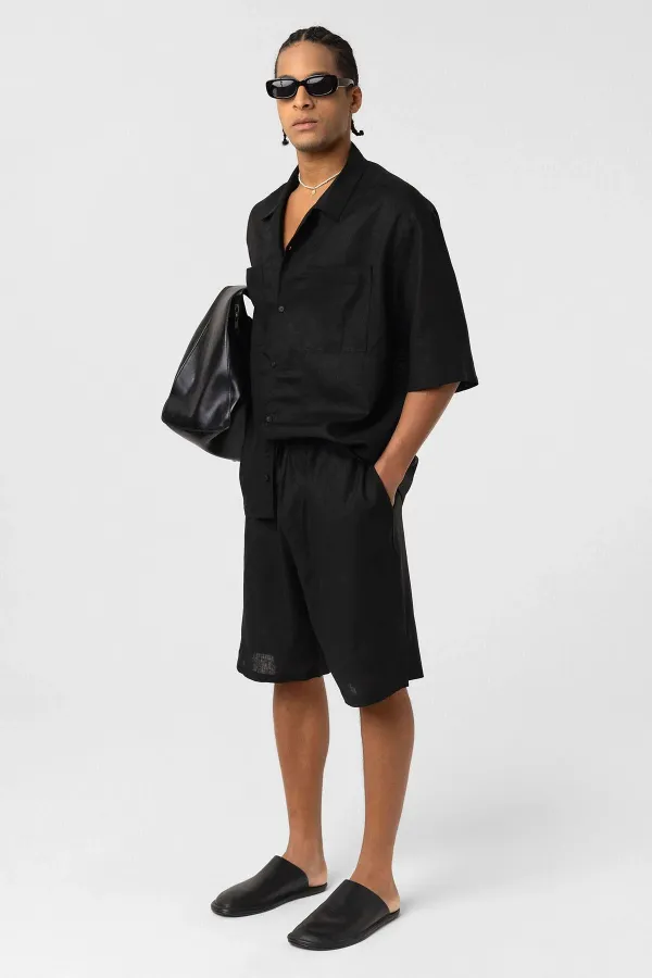 Çift Cepli Oversize Keten Gömlek Siyah