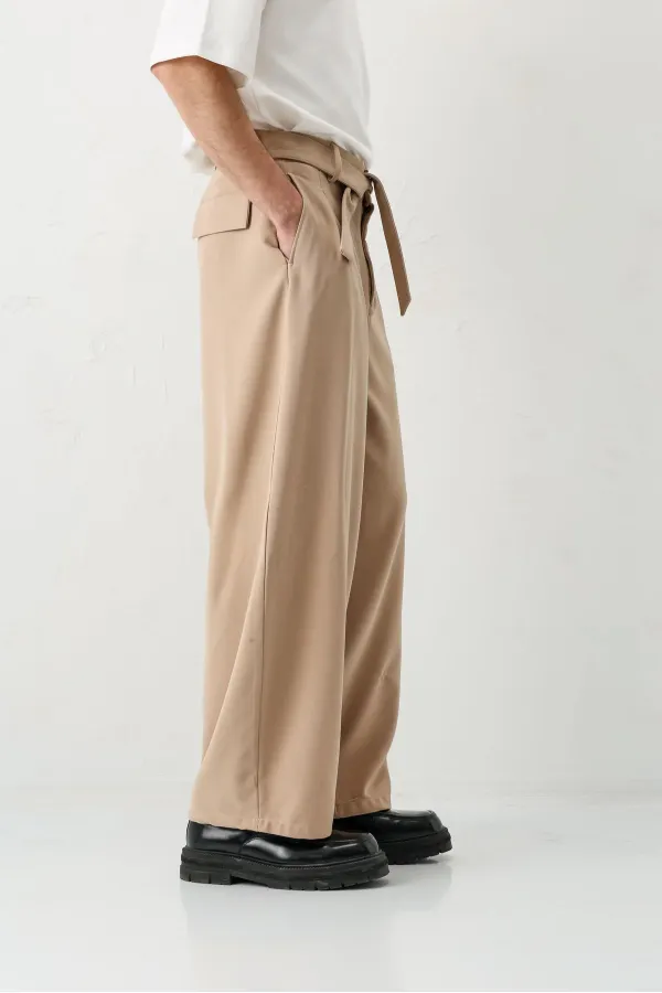 Barrel Fit Tailored Fit Kemerli Pantolon Bej