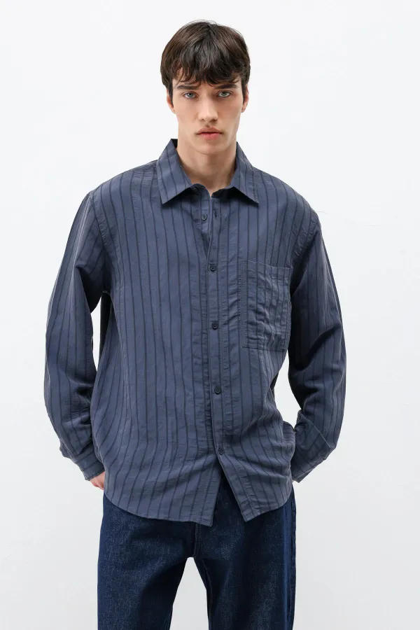 Modal Kumaş Çizgili Oversize Gömlek Lacivert