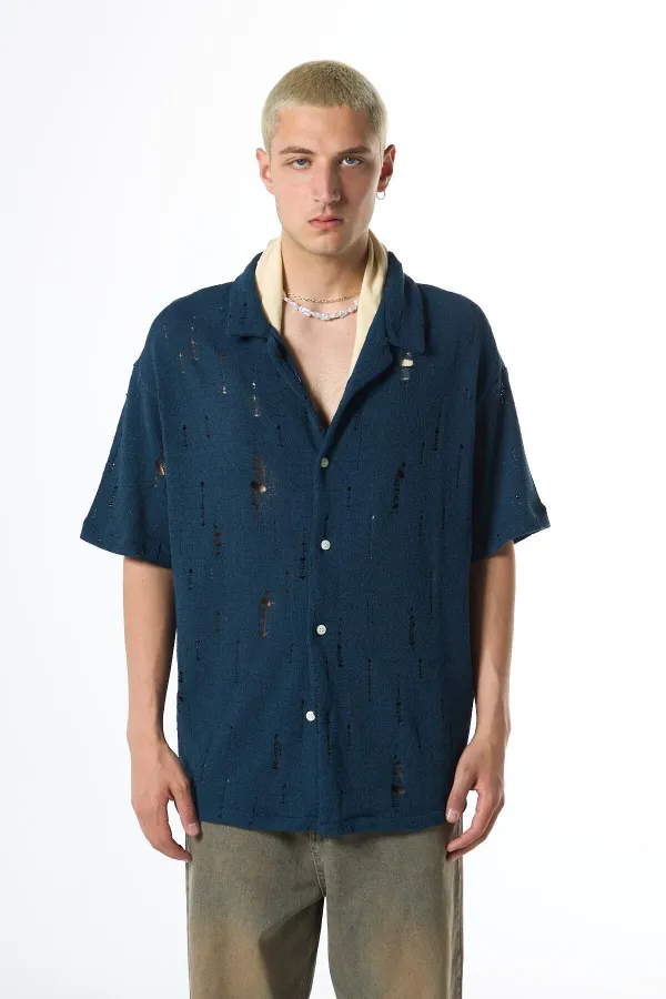 Oversize Deliklı Triko Gömlek Lacivert Oversize Deliklı Triko Gömlek Lacivert