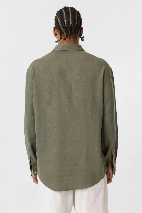 Cep Detaylı Oversize Uzun Kol Gömlek Haki