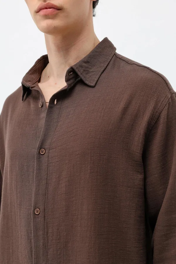 Uzun Kollu Basic Oversize Gömlek Kahve