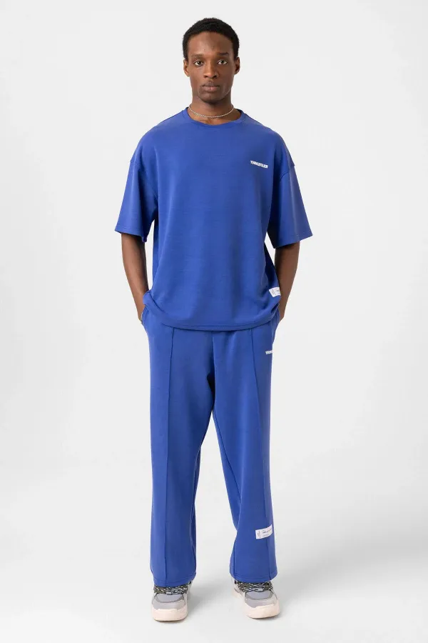 Label Detailed Oversize Modal Fabric Tracksuit Set Navy Blue