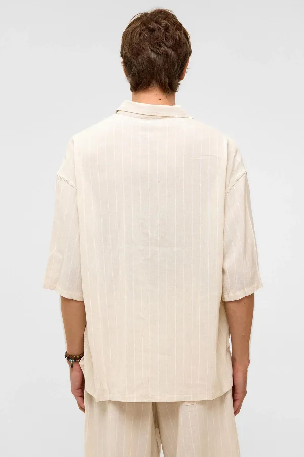 Oversize Çizgili Kısa Kollu Keten Gömlek Beyaz