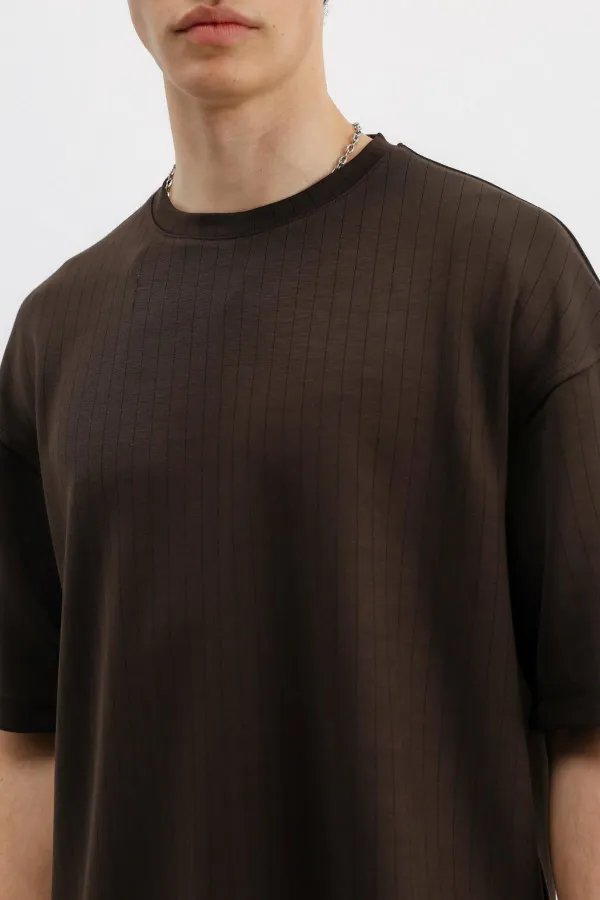 Fitilli Dokulu Oversize Tişört Koyu Kahve