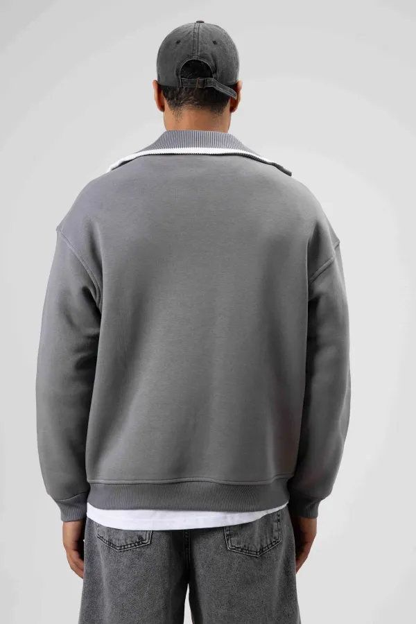 Sweat-shirt oversize à col zippé, gris foncé