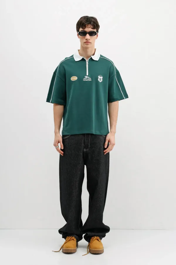 Fermuarlı Yaka Baskılı Oversize Tişört Nefti