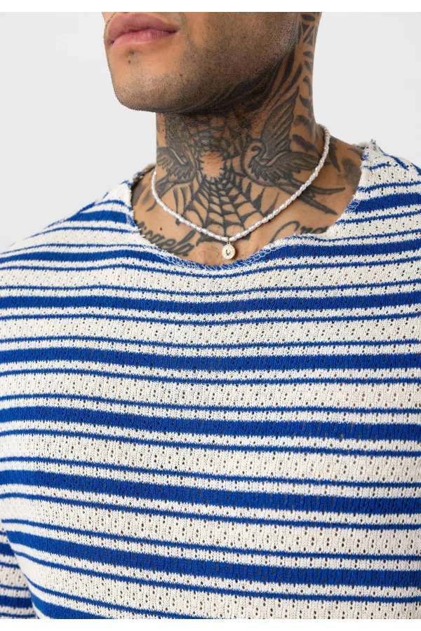 T-shirt rayé oversize en maille (bleu marine)