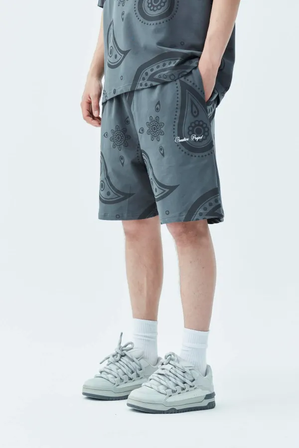 Oversize Desenli Şort Tişört Takım Koyu Füme