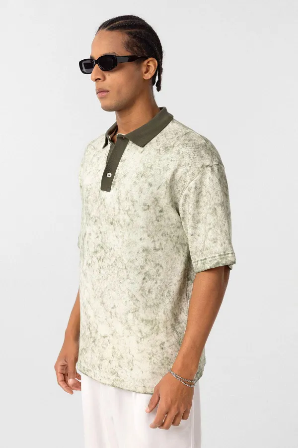 Yıkamalı Oversize Polo Yaka Tişört Haki