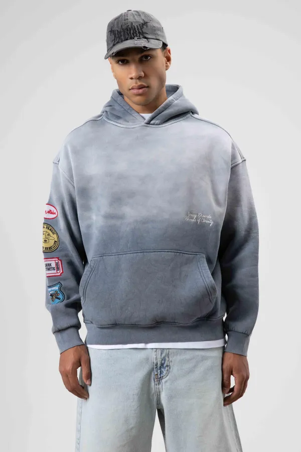 Oversize Baskılı Kapüşonlu Sweatshirt Gri