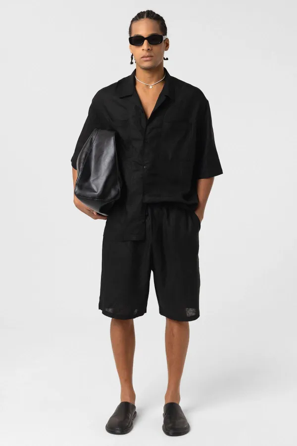 Çift Cepli Oversize Keten Gömlek Siyah