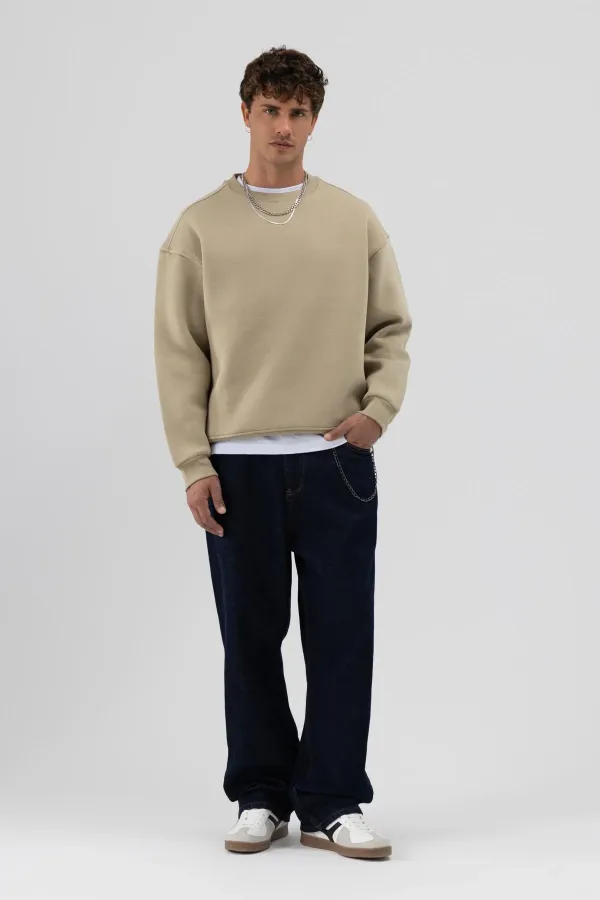 Sweat-shirt basique à col rond et coupe oversize kaki