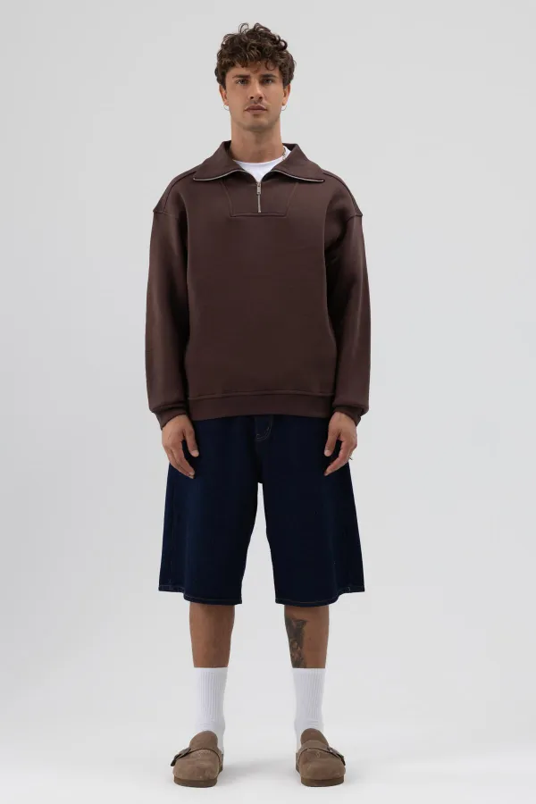 Basic Zip-Up Stand-Up Collar Sweatshirt, Brown